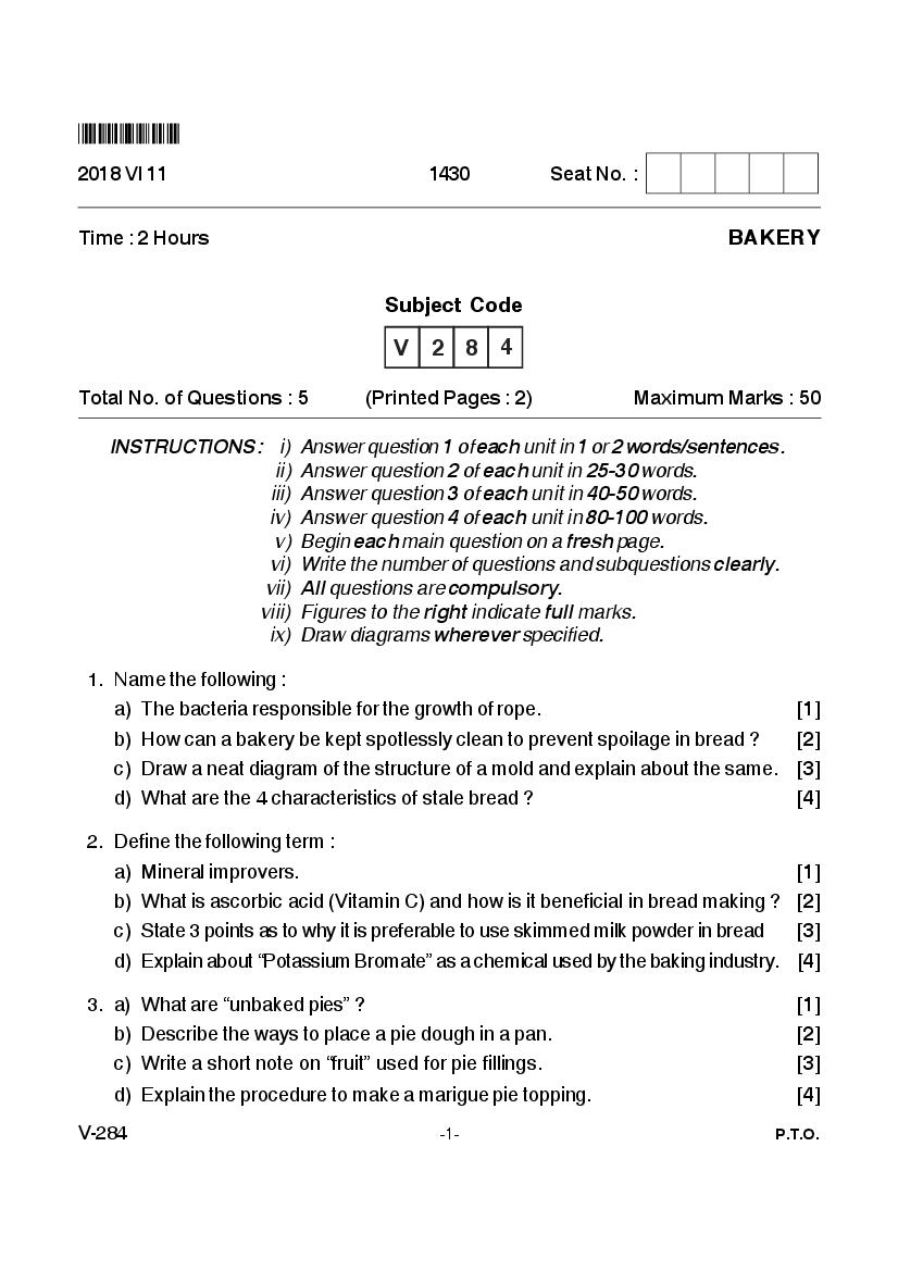 Goa Board Class 12 Question Paper June 2018 Bakery - Page 1