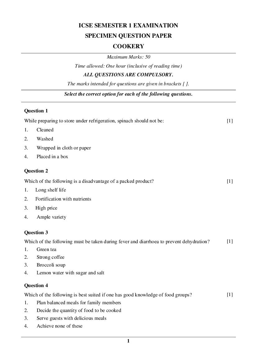 ICSE Class 10 Specimen Paper 2022  Cookery Semester 1 - Page 1