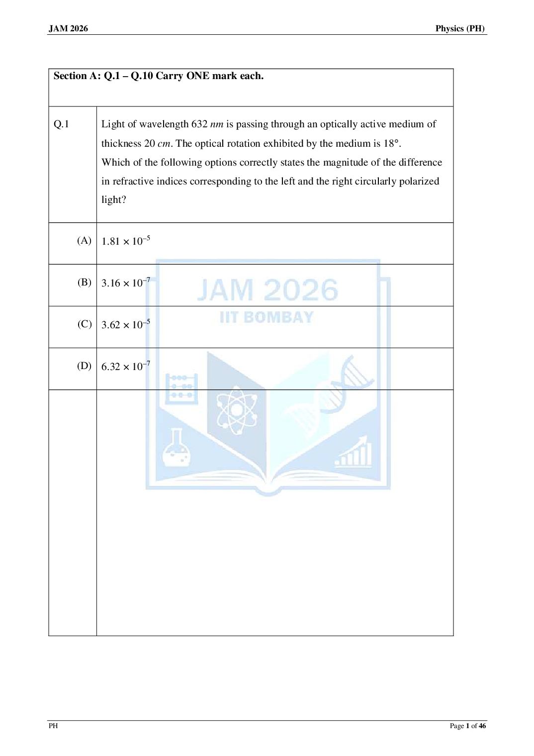 JAM 2026 Question Paper Physics (PH) - Page 1 of 46