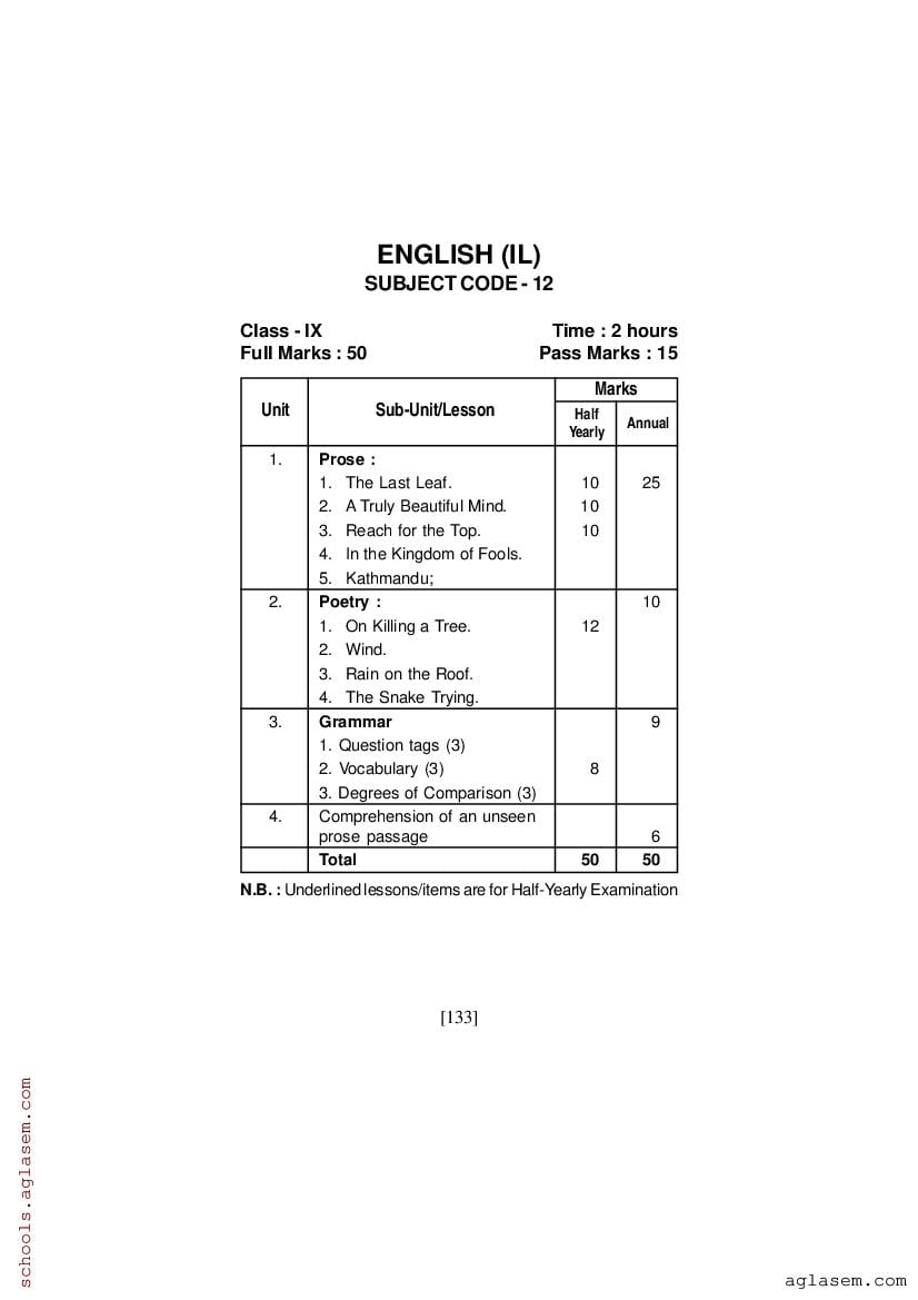 class 9 english annual exam syllabus 2023 seba