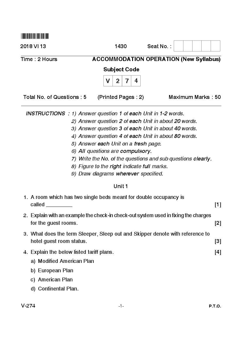 Goa Board Class 12 Question Paper June 2018 Accommodation Operation _New Syllabus_ - Page 1