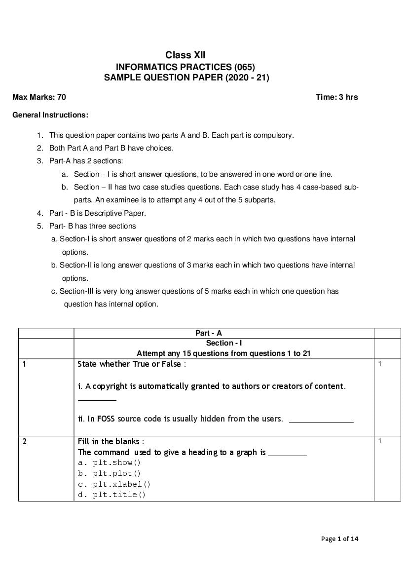CBSE Class 12 Sample Paper 2021 for Informatics Practices - Page 1