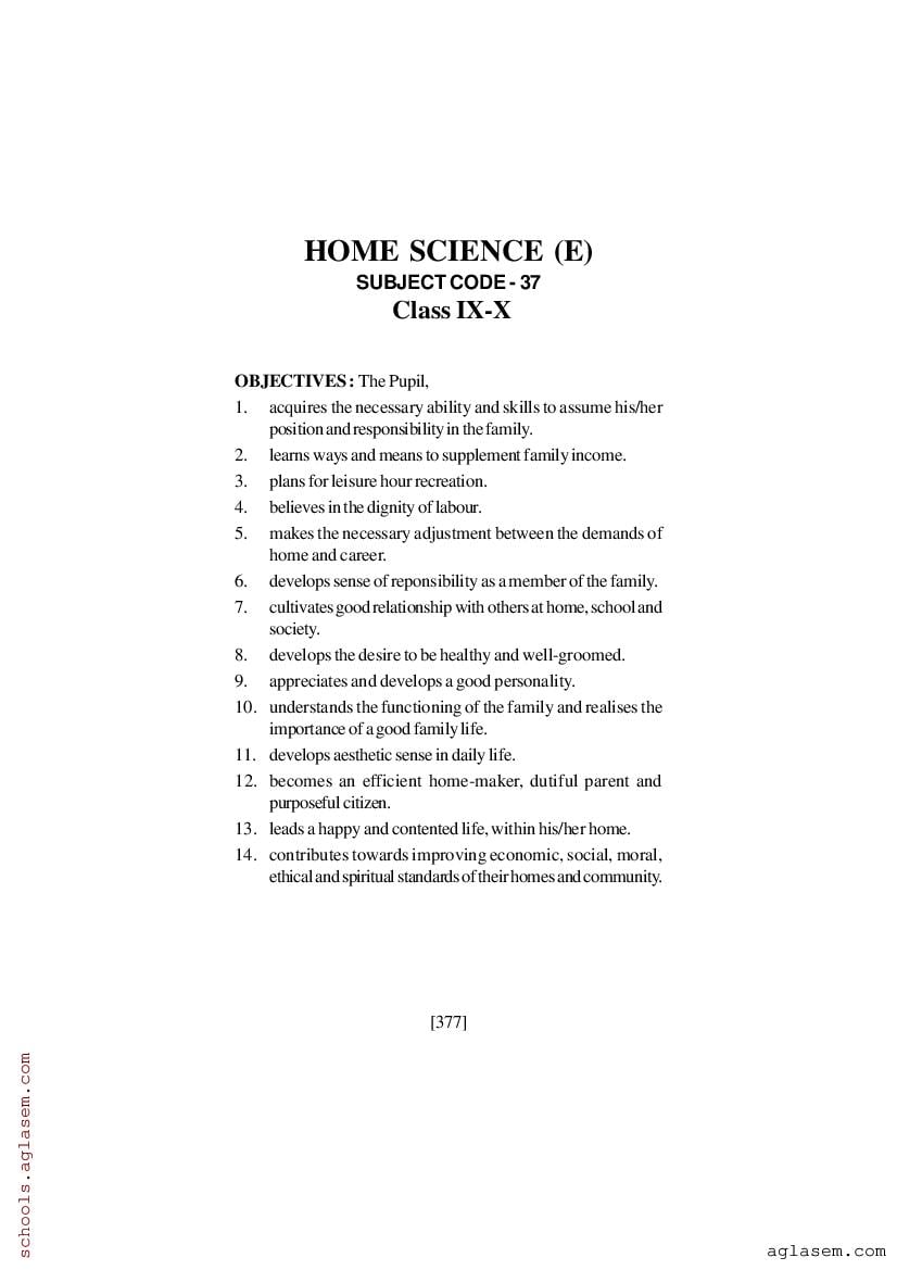 SEBA Class 9 Class 10 Syllabus 2024 Home Science - Page 1