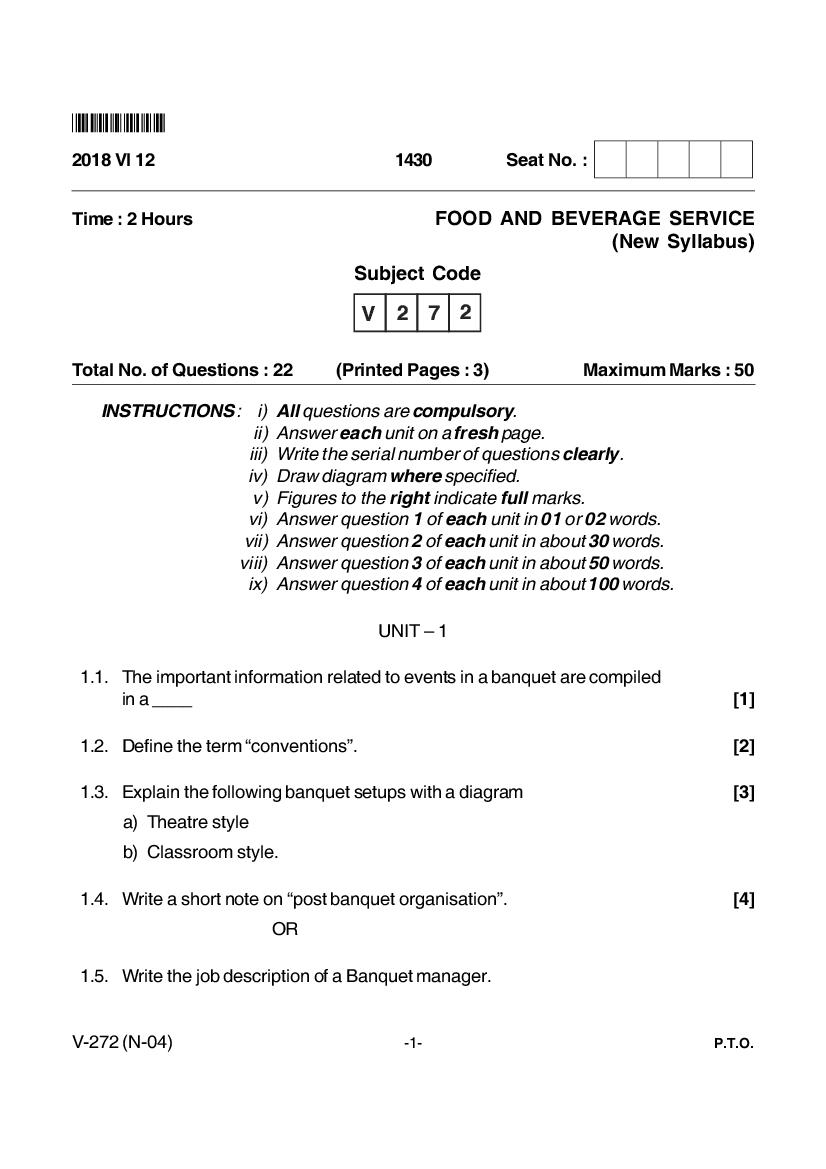 Goa Board Class 12 Question Paper June 2018 Food and Beverage Service ...