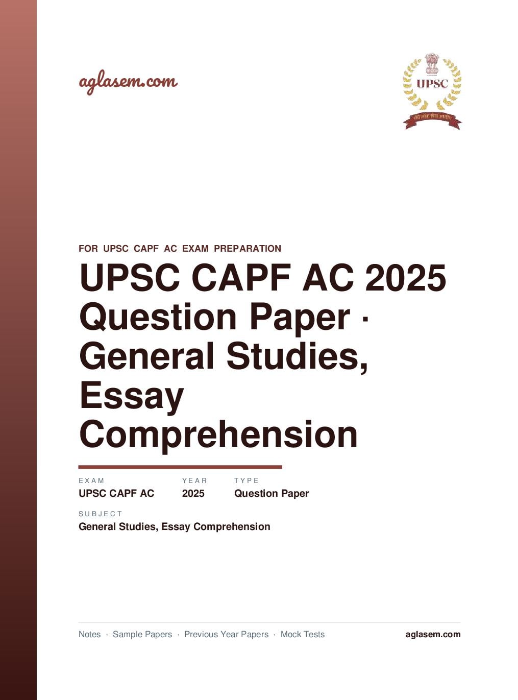 UPSC CAPF AC 2025 Question Paper for General Studies, Essay and Comprehension - Page 1 of 9