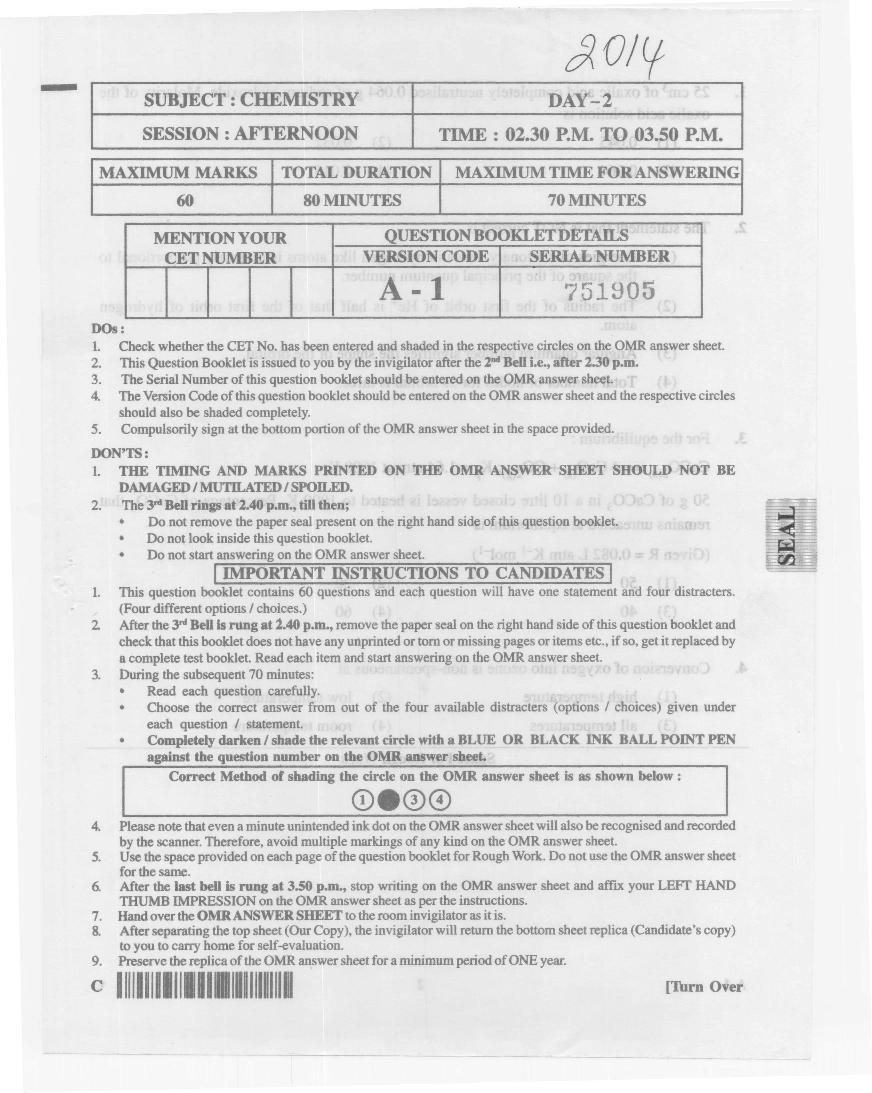 KCET 2014 Question Paper Chemistry - Page 1