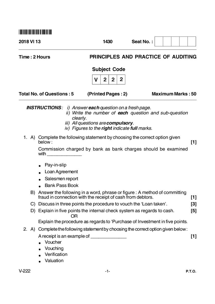 Goa Board Class 12 Question Paper June 2018 Principles and Practice of Auding - Page 1
