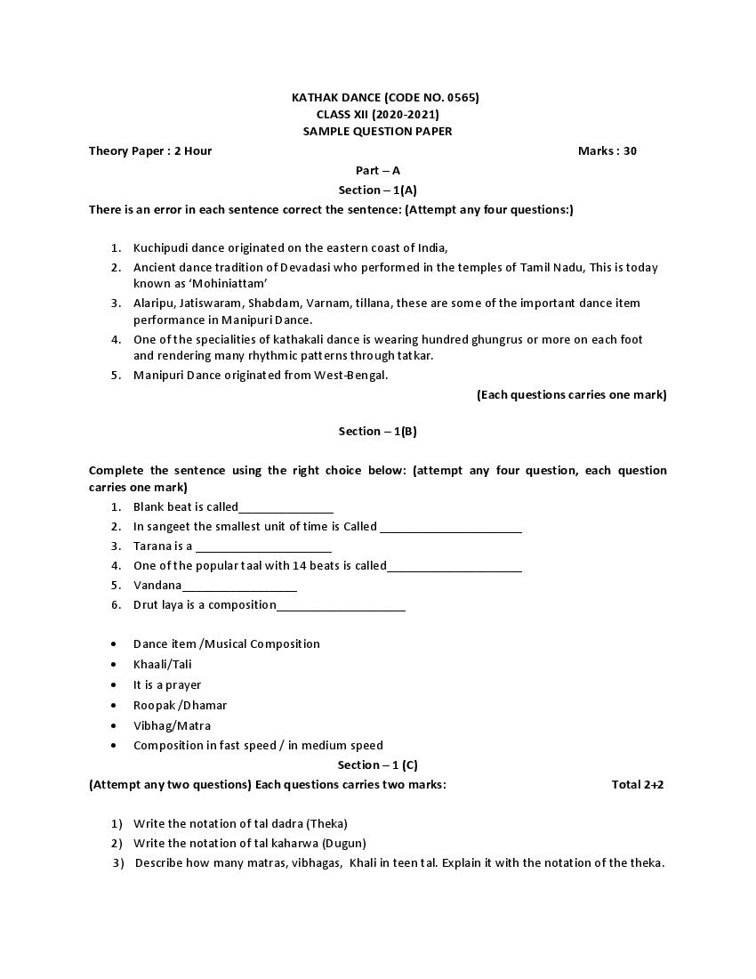 CBSE Class 12 Sample Paper 2021 for Kathak - Page 1
