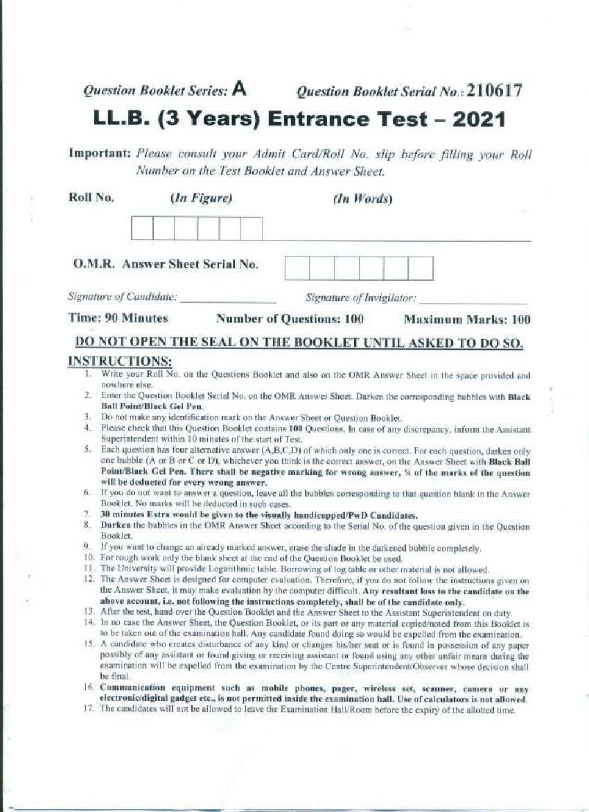 PU LLB Entrance Exam 2021 Question Paper - Page 1