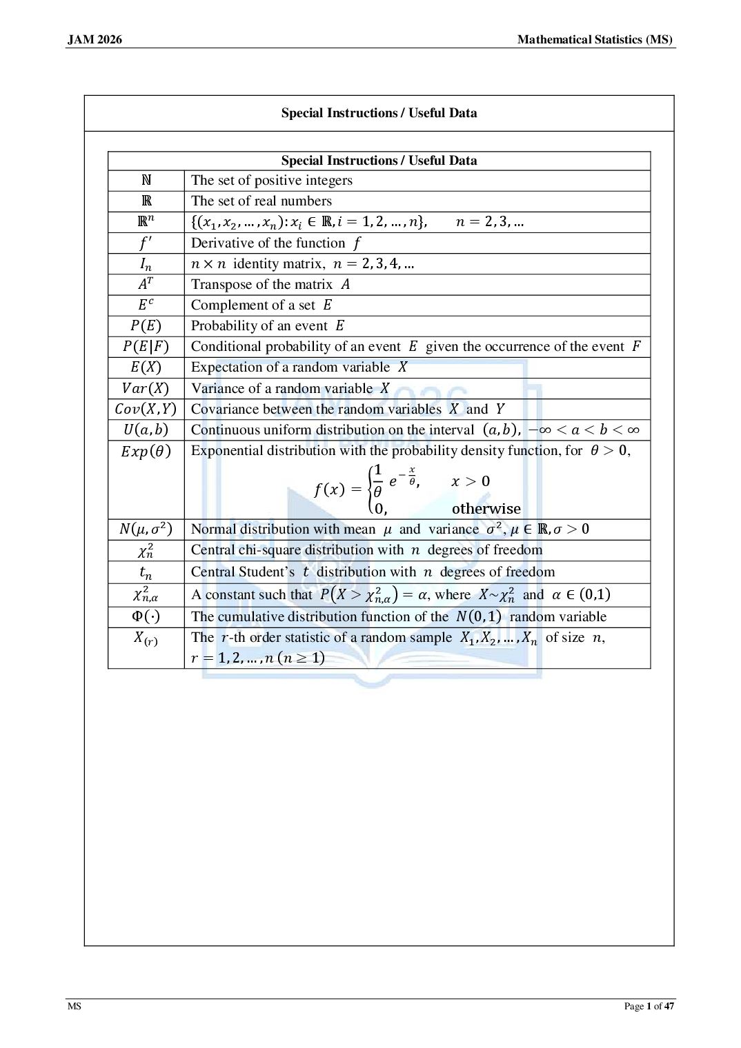 JAM 2026 Question Paper Mathematical Statistics (MS) - Page 1 of 47