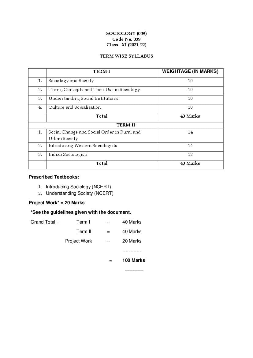 CBSE Class 12 Term Wise Syllabus 2021-22 Sociology - Page 1