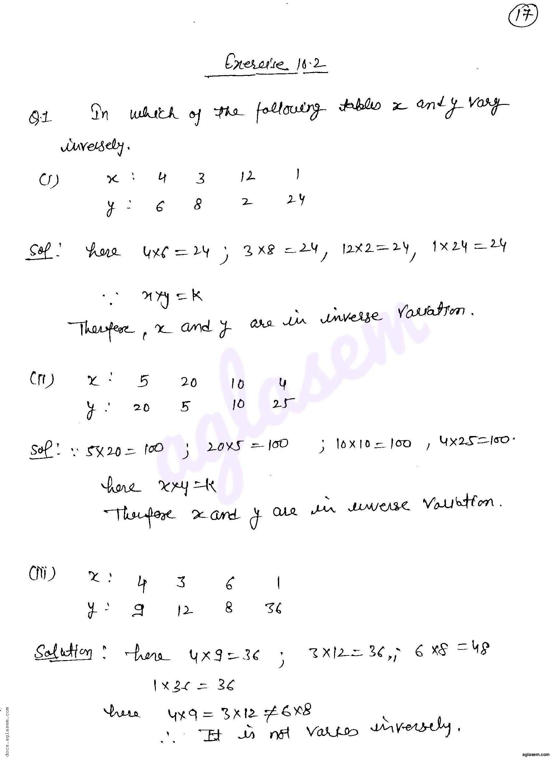 RD Sharma Solutions Class 8 Chapter 10 Direct and Inverse Variations Exercise 10.2 - Page 1