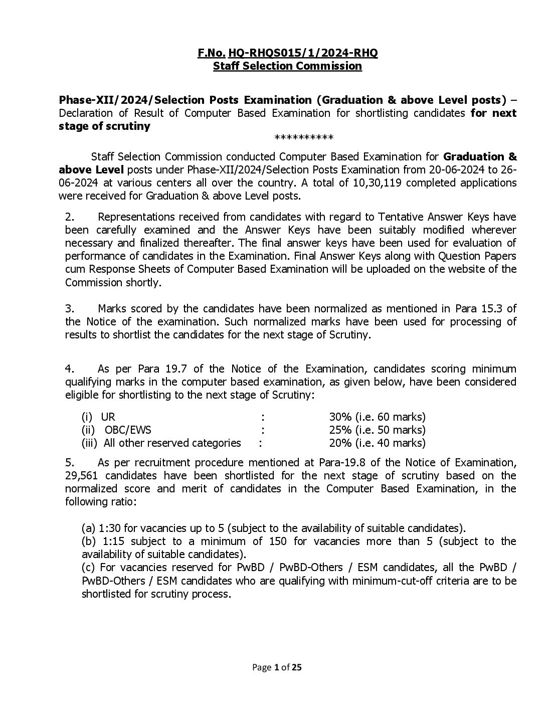 SSC Selection Post 2024 Cut Off Phase 12 Graduation - Page 1 of 25