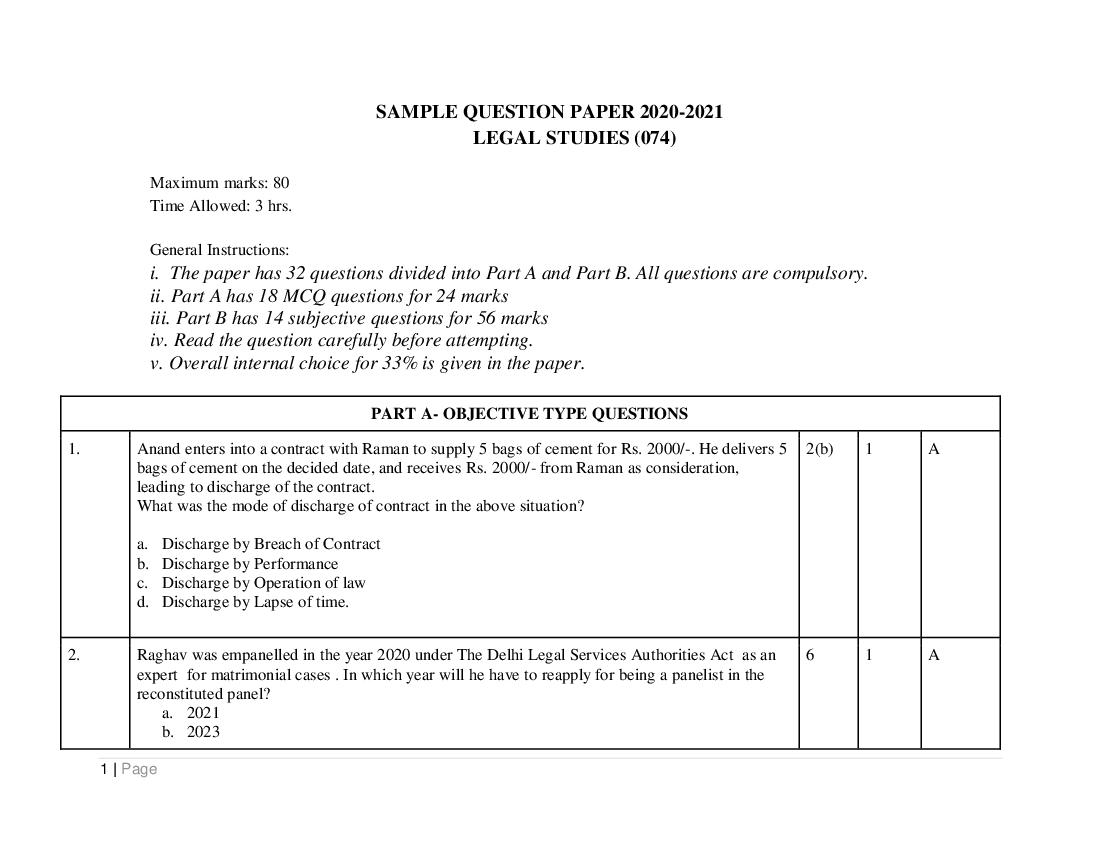 CBSE Class 12 Sample Paper 2021 for LegalStudies - Page 1