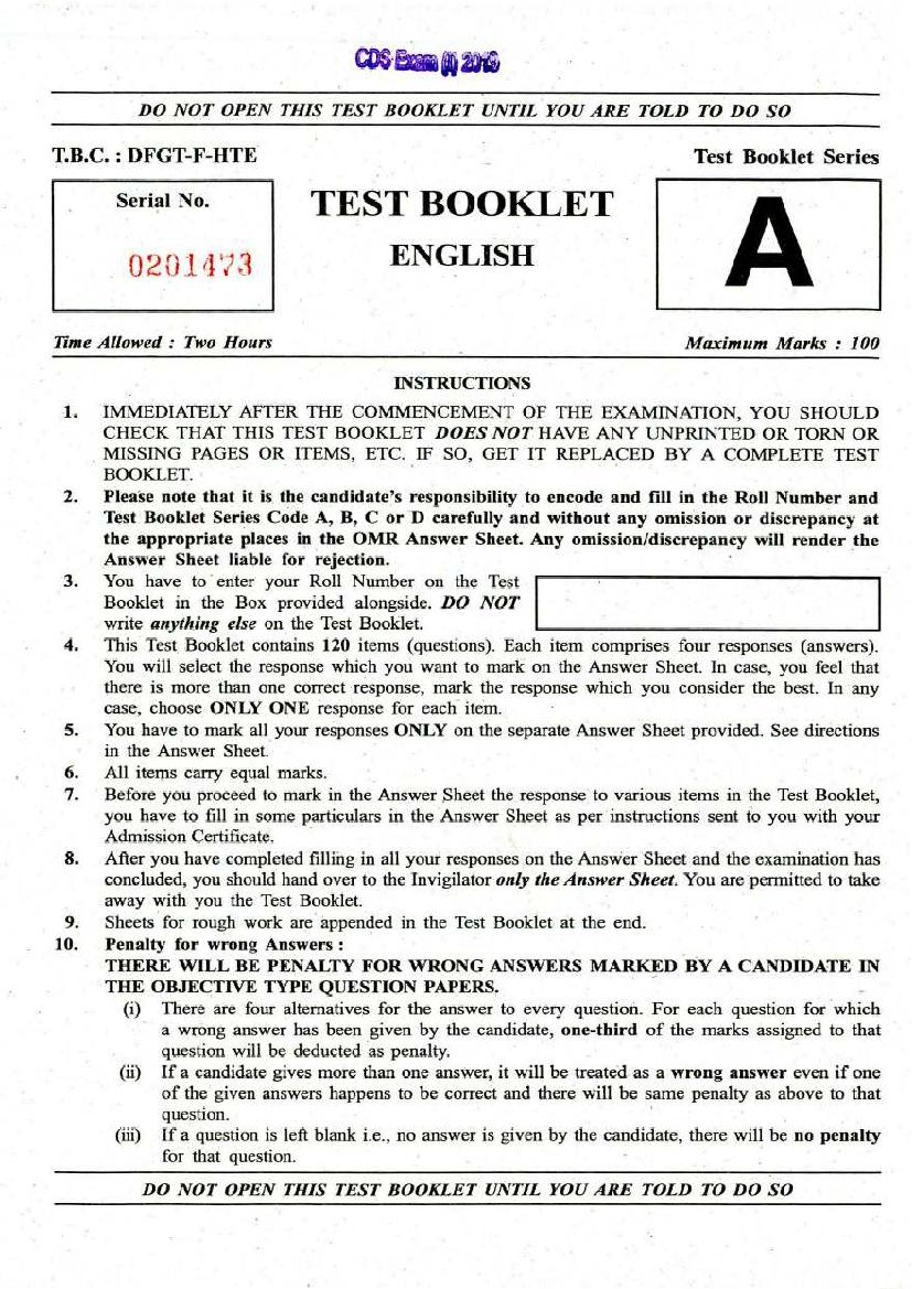 UPSC CDS (I) 2019 Question Paper with Answer Key for English - Page 1