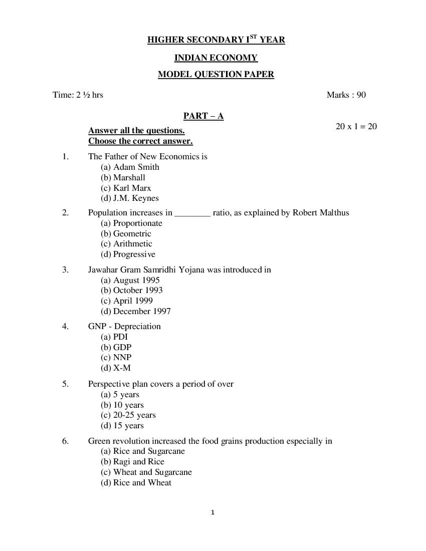 TN 11th Model Question Paper Economics - Page 1