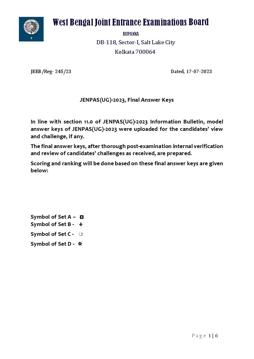 WBJEE JENPAS UG 2023 Answer Key - Page 1