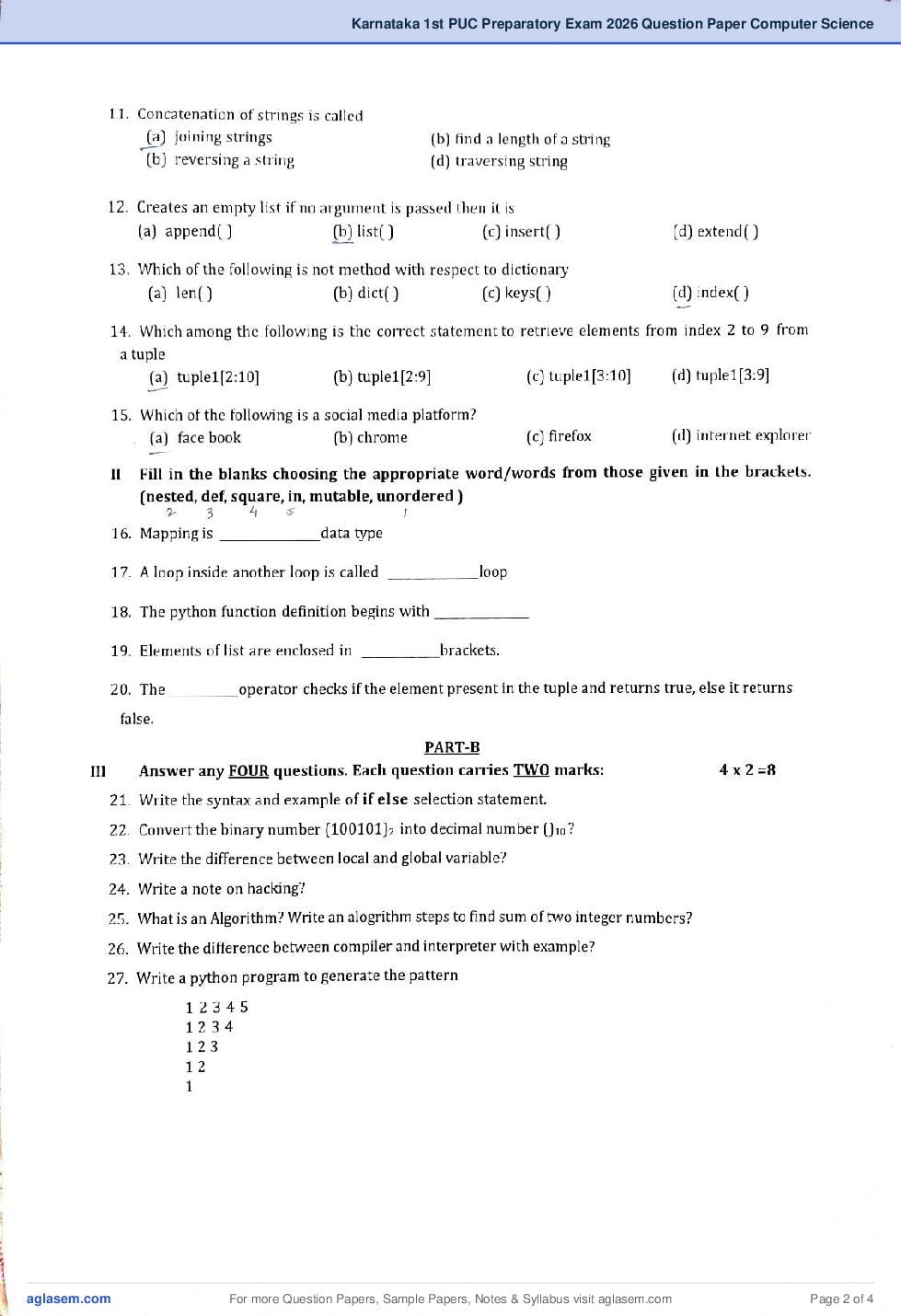 Karnataka 1st PUC Computer Science Preparatory Question Paper 2026 (PDF ...