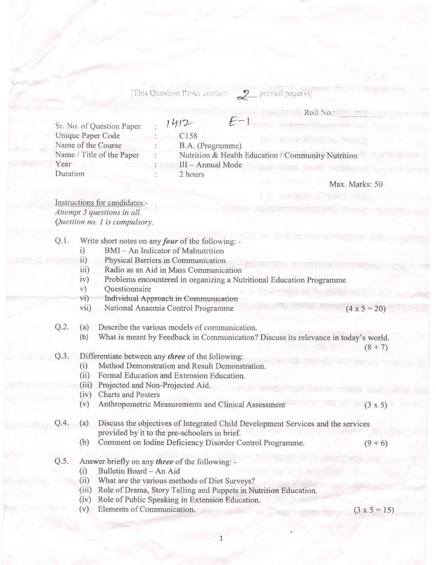 DU SOL BA Programme 3rd Year Nutrition and Health Education Question Paper 2016 - Page 1