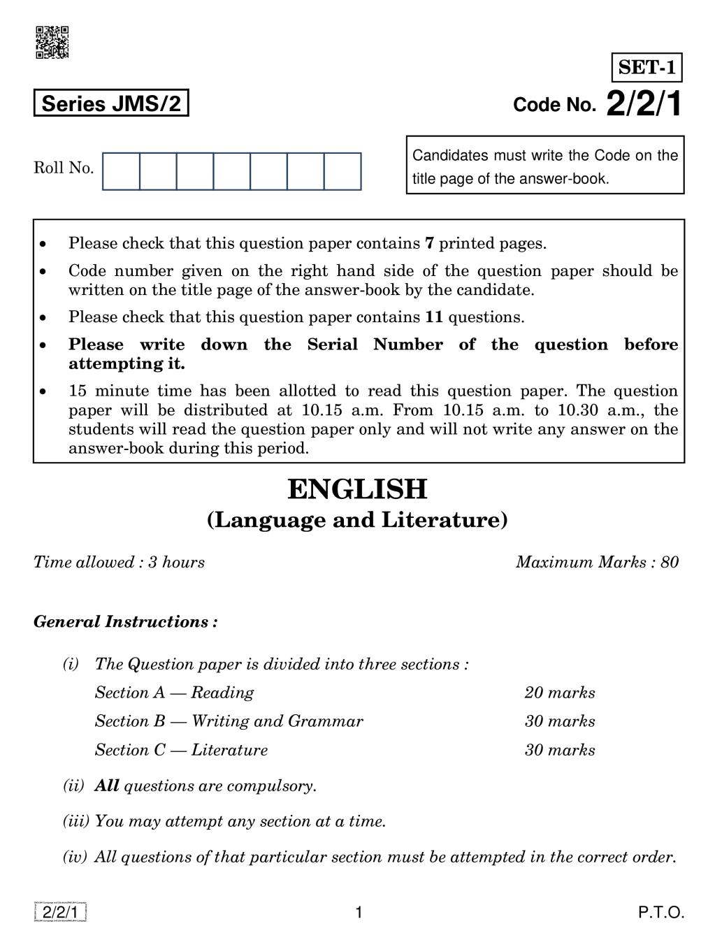 CBSE Class 10 English Language and Literature Question Paper 2019 Set 2 - Page 1