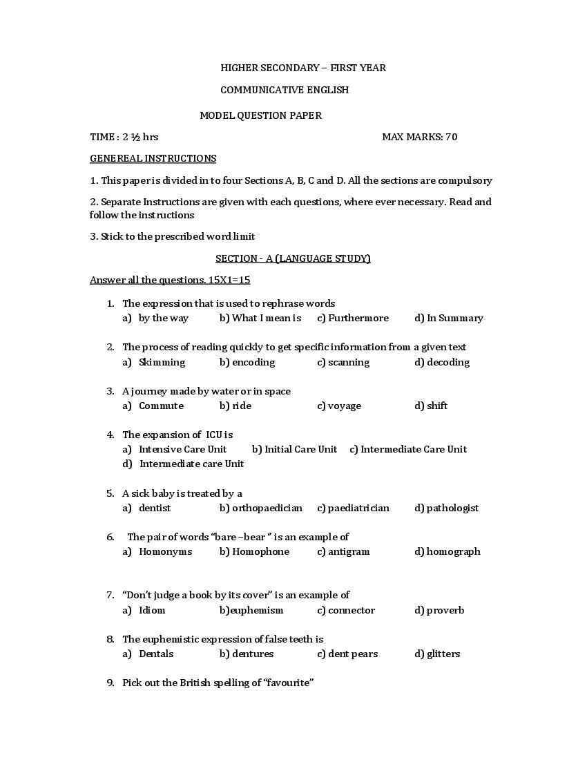 TN 11th Model Question Paper English Communictive - Page 1