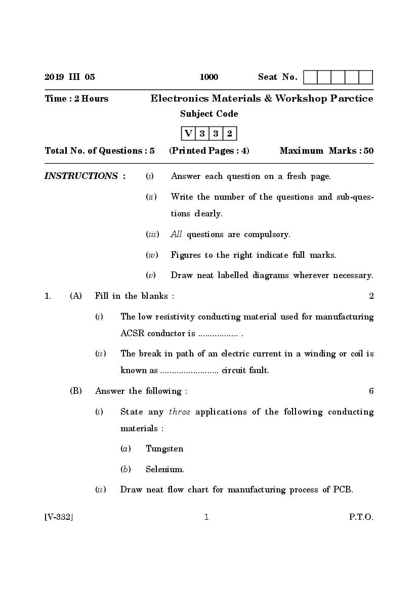 Goa Board Class 12 Question Paper Mar 2019 Electronic Materials and Workshop Practice - Page 1