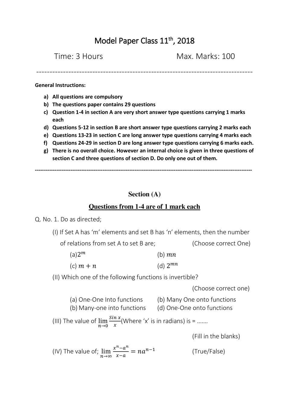 JKBOSE 11th Model Paper Maths - Page 1