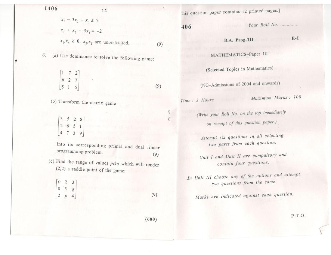 DU SOL BA Programme 3rd Year Mathematics Question Paper 2016 - Page 1