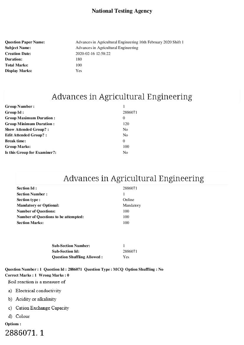 ARPIT 2020 Question Paper for Advances in Agricultural Engineering Shift 1 - Page 1