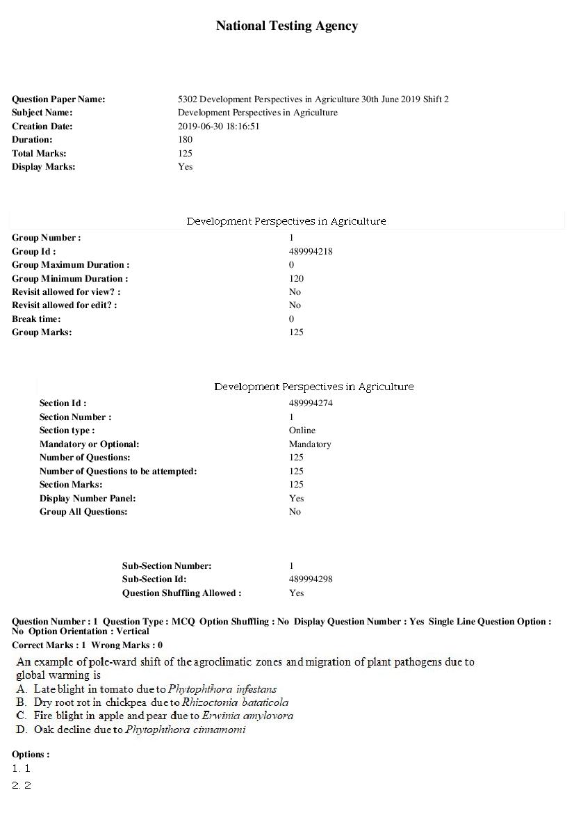 ARPIT 2019 Question Paper for Development Perspectives in Agriculture Shift 2 - Page 1 of 37