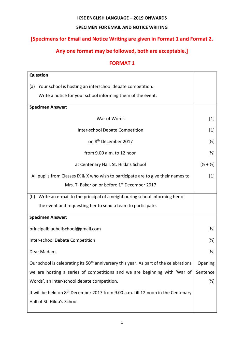 ICSE Class 10 Specimen Paper 2019 for E-mail And Notice Writing  - Page 1