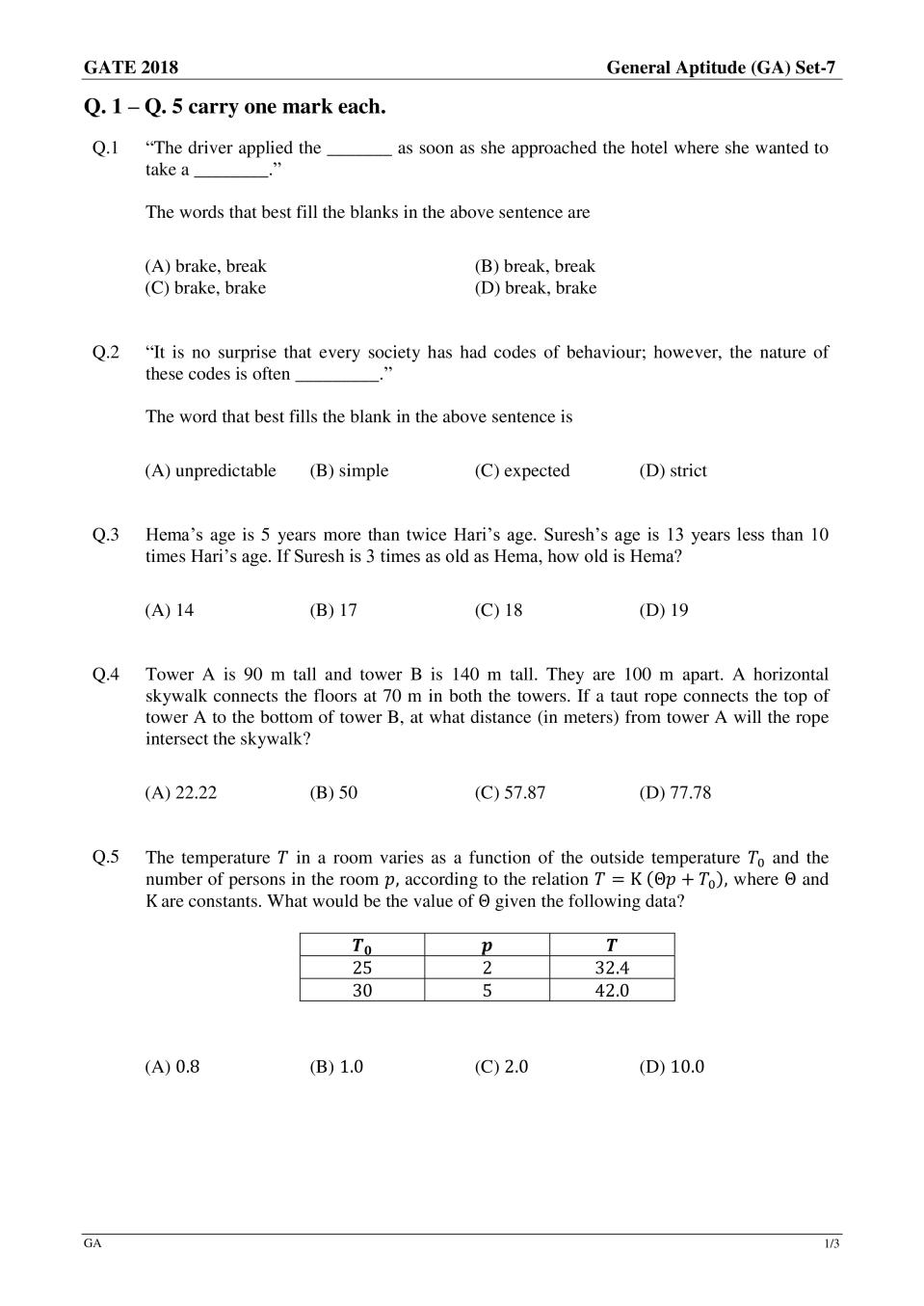 GATE 2018 Civil Engineering(CE) Question Paper with Answer Set 1 - Page 1