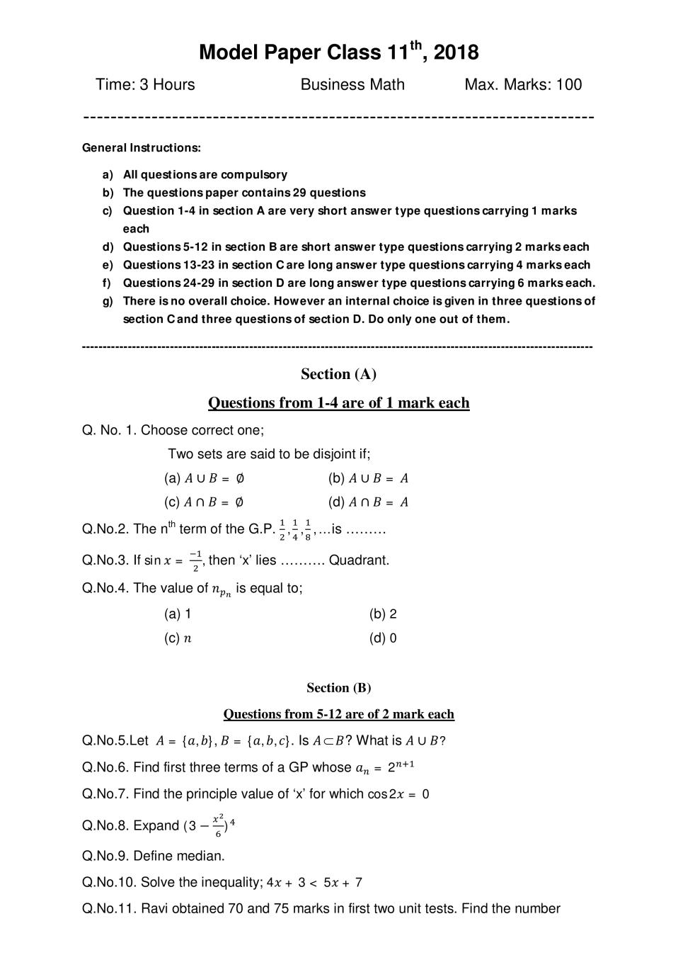 JKBOSE 11th Model Paper Business Maths - Page 1
