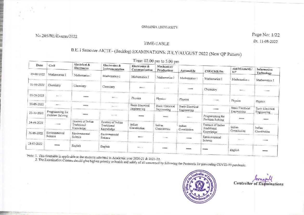 Osmania University Time Table For B.E. (AICTE) Main & Backlog Exam July ...