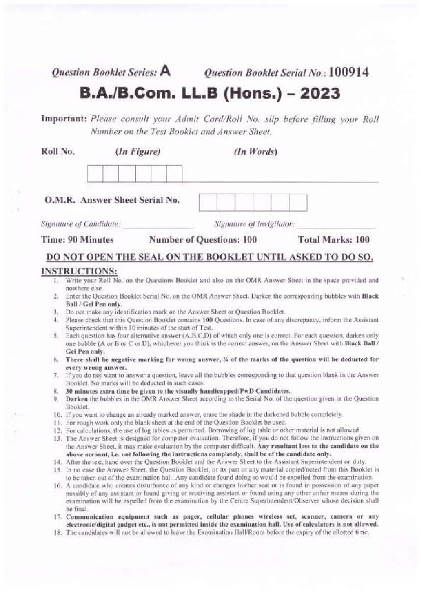 PU BA, B.Com LLB 2023 Question Paper - Page 1