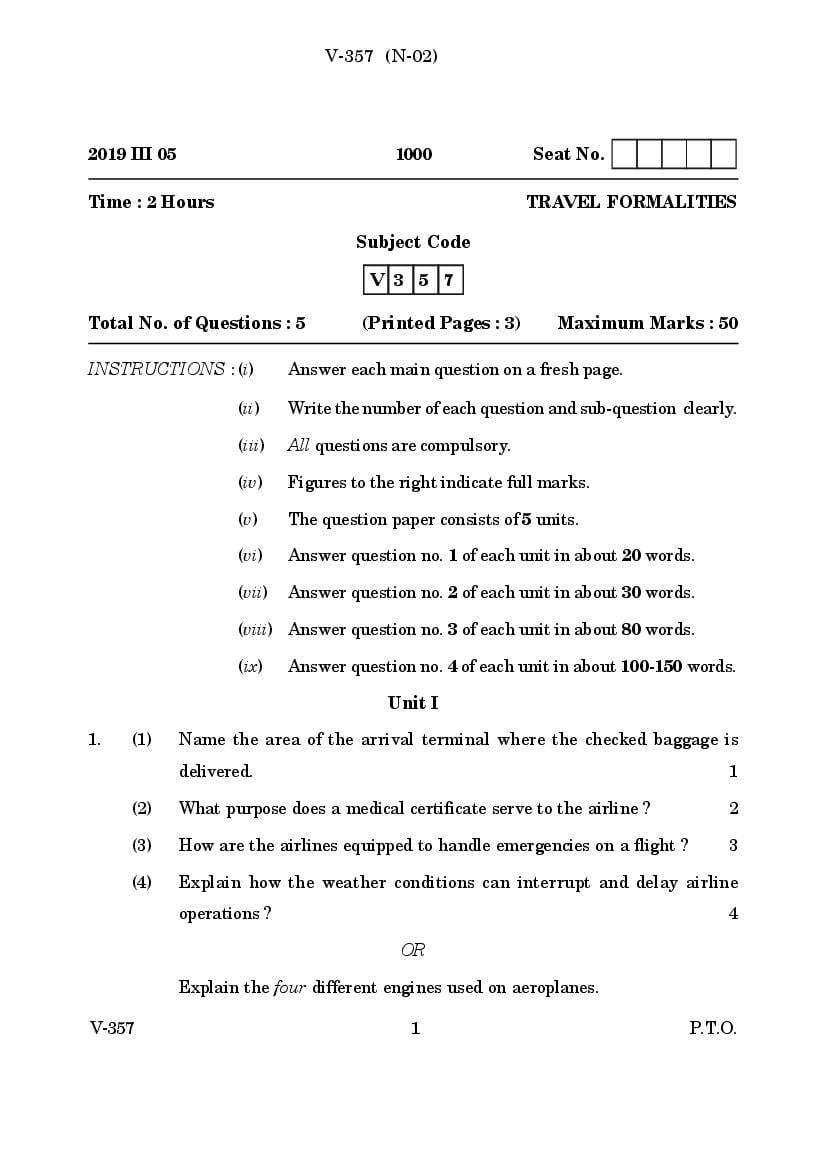 Goa Board Class 12 Question Paper Mar 2019 Travel Formalities - Page 1