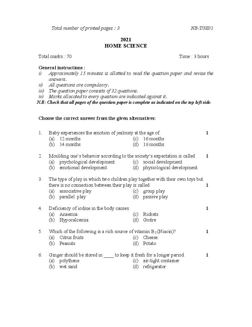 NBSE Class 10 Question Paper 2021 for Home Science - Page 1