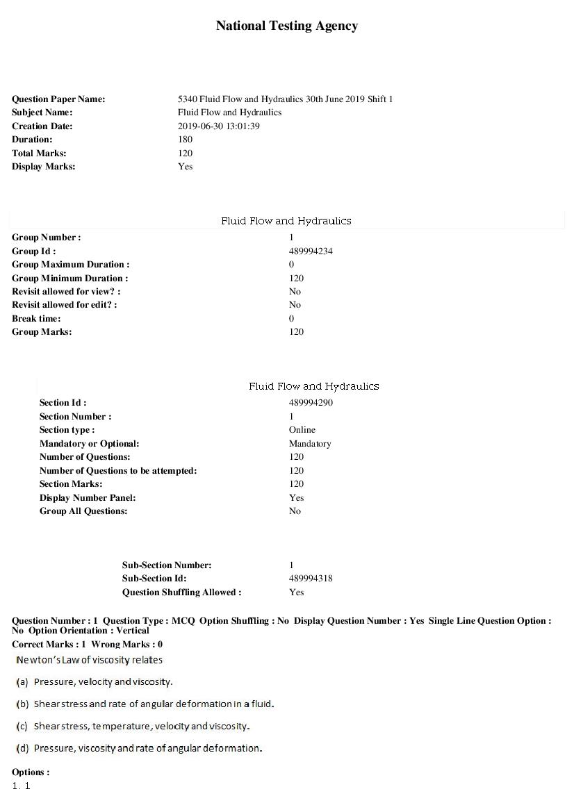 ARPIT 2019 Question Paper for Fluid Flow and Hydraulics Shift 1 - Page 1 of 38