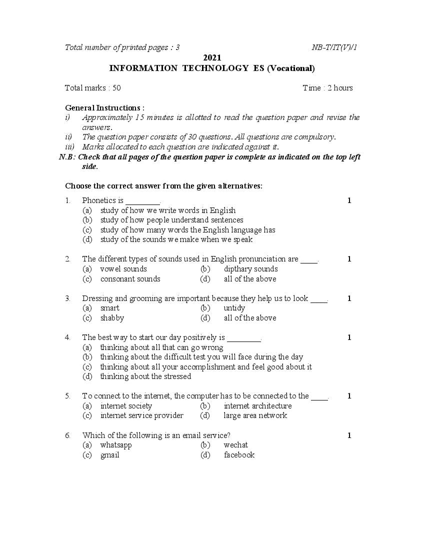 NBSE Class 10 Question Paper 2021 for Information Technology - Page 1