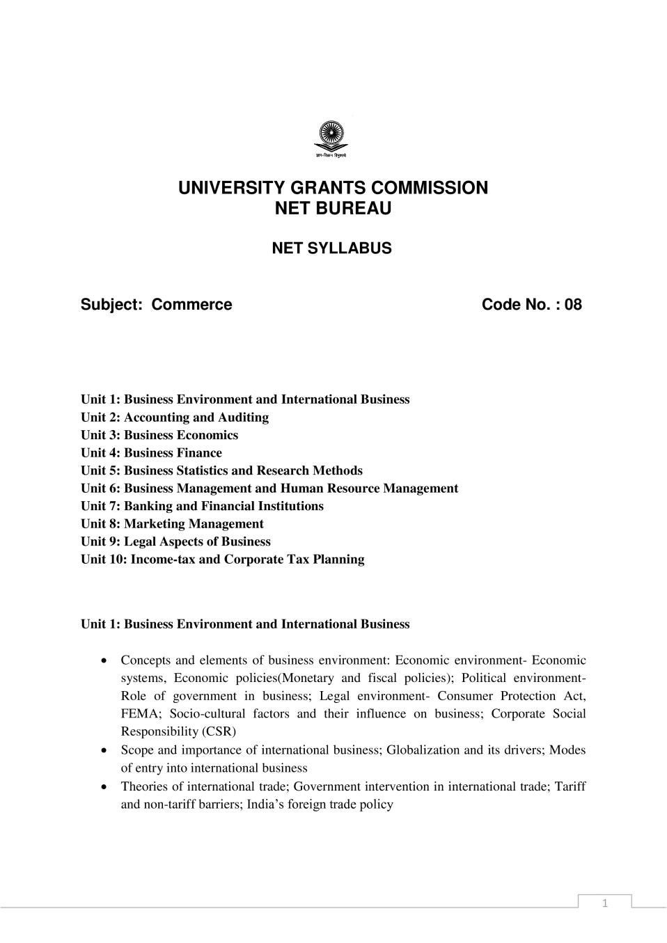 UGC NET Syllabus for Commerce 2020 - Page 1