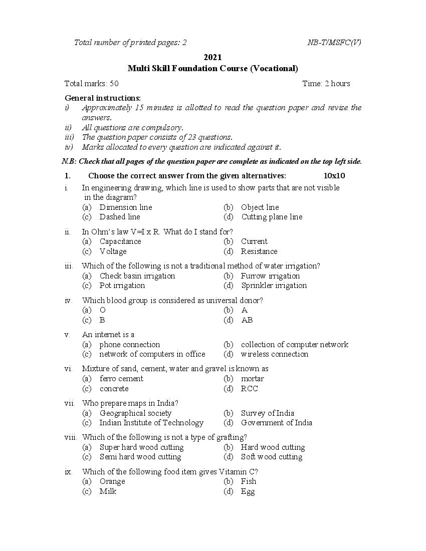 NBSE Class 10 Question Paper 2021 for Multiskill Foundation Course - Page 1