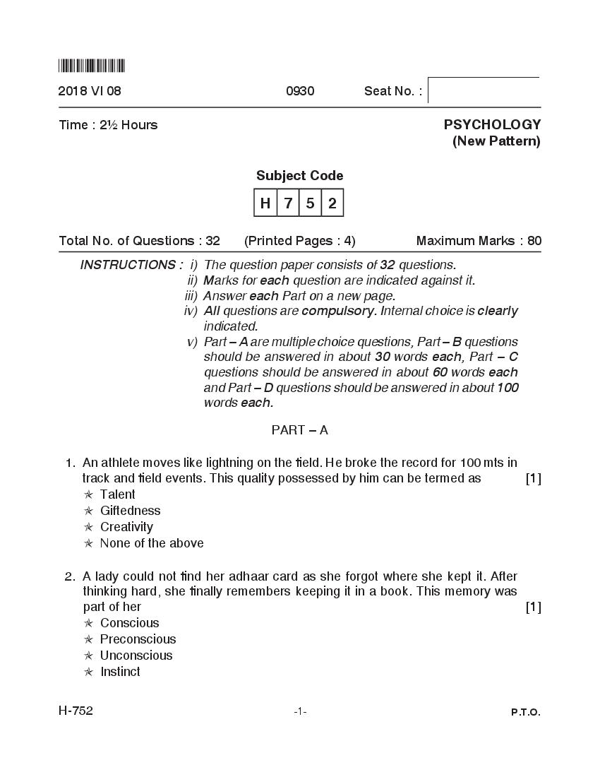 Goa Board Class 12 Question Paper June 2018 Psychology _New Pattern_ - Page 1