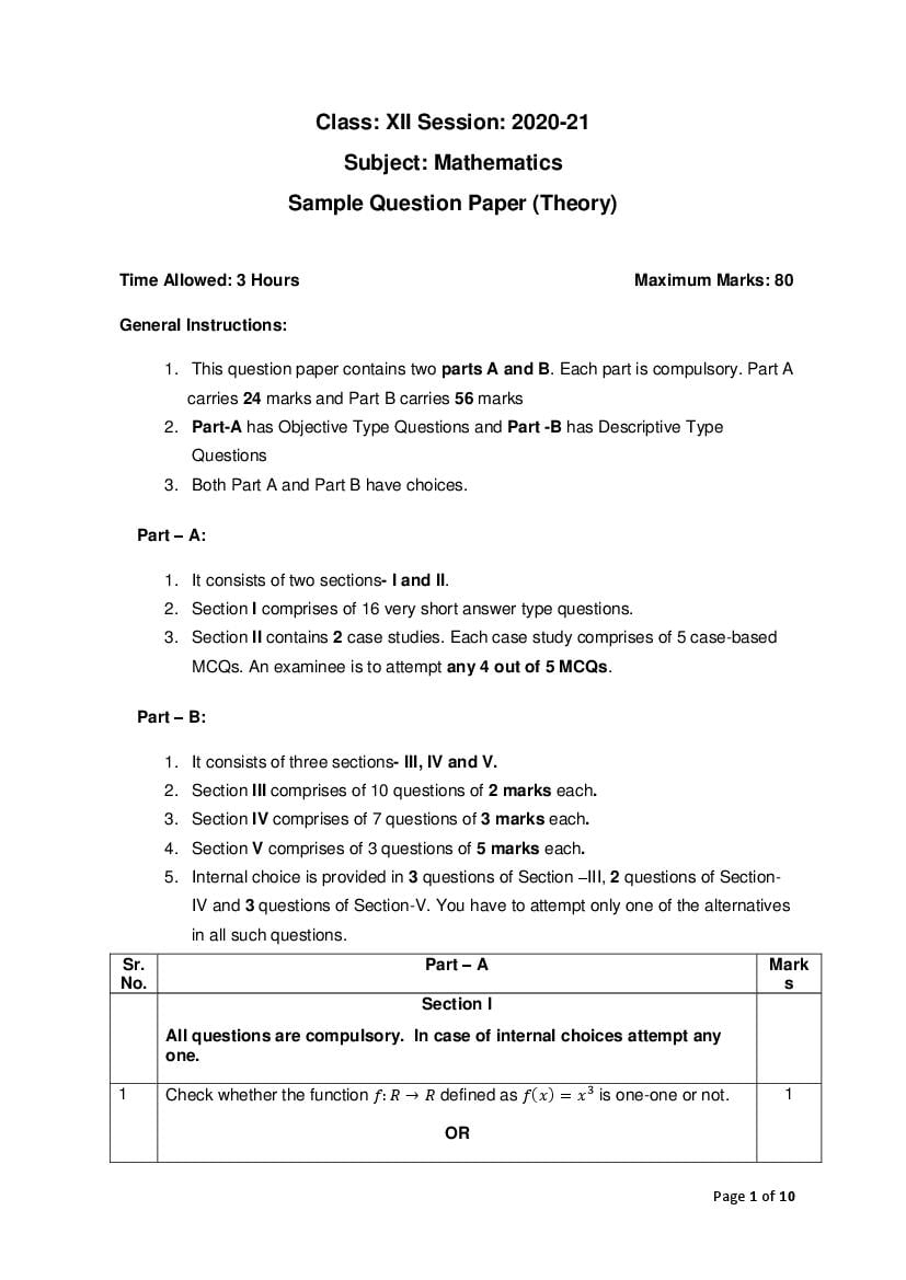 CBSE Class 12 Sample Paper 2021 for Maths - Page 1