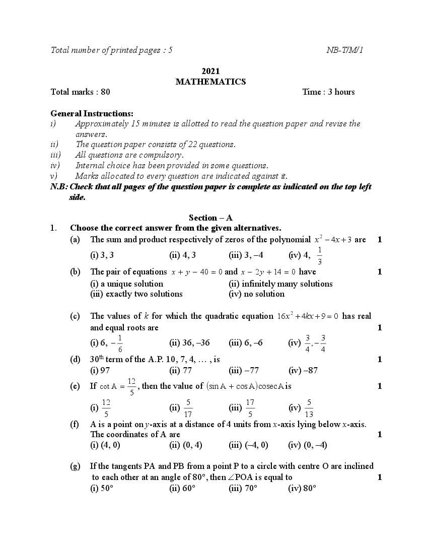 NBSE Class 10 Question Paper 2021 for Maths - Page 1