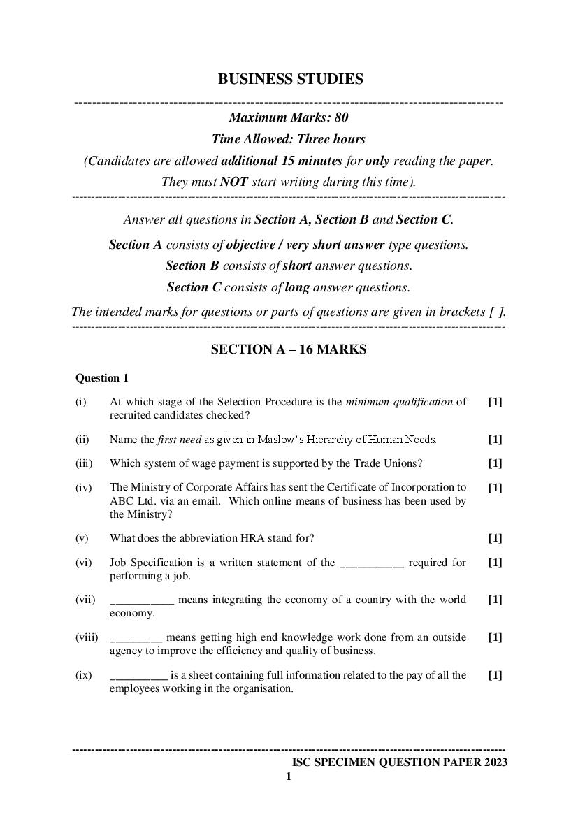ISC Class 12 Sample Paper 2023 Business Studies