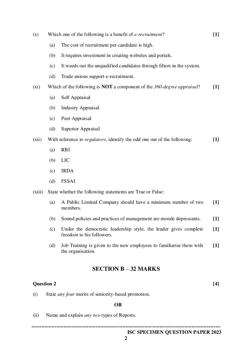 ISC Business Studies Specimen Paper 2023 (PDF) - CISCE Class 12 ...