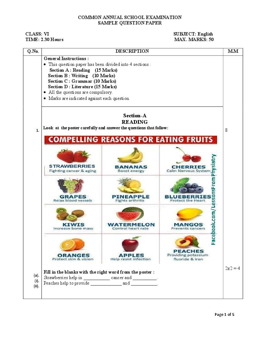 Class 6 Sample Paper English - Page 1