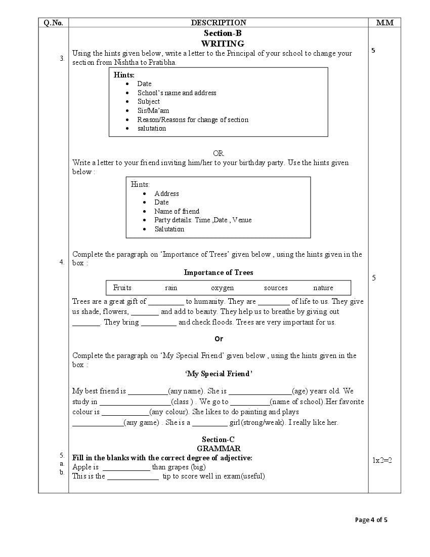 english grammar sample paper for class 6