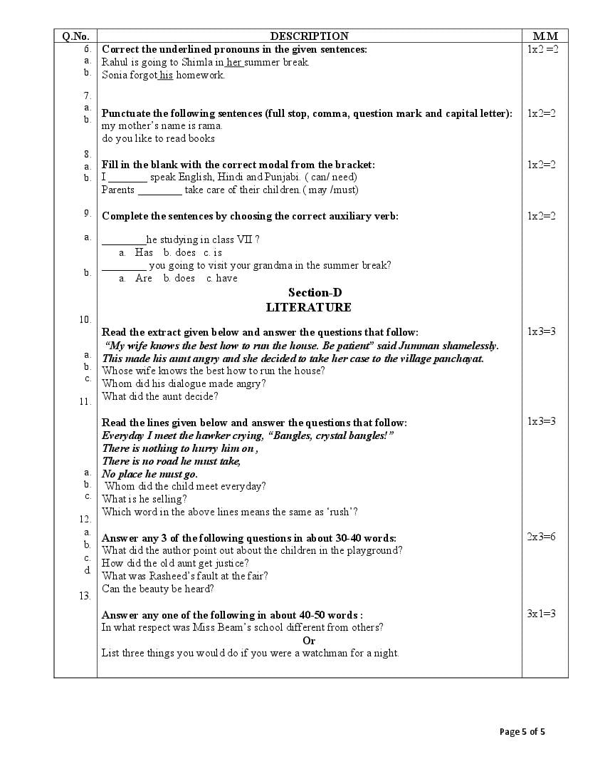 Class 6 English Sample Paper 2024 PDF Annual Exam Model Question