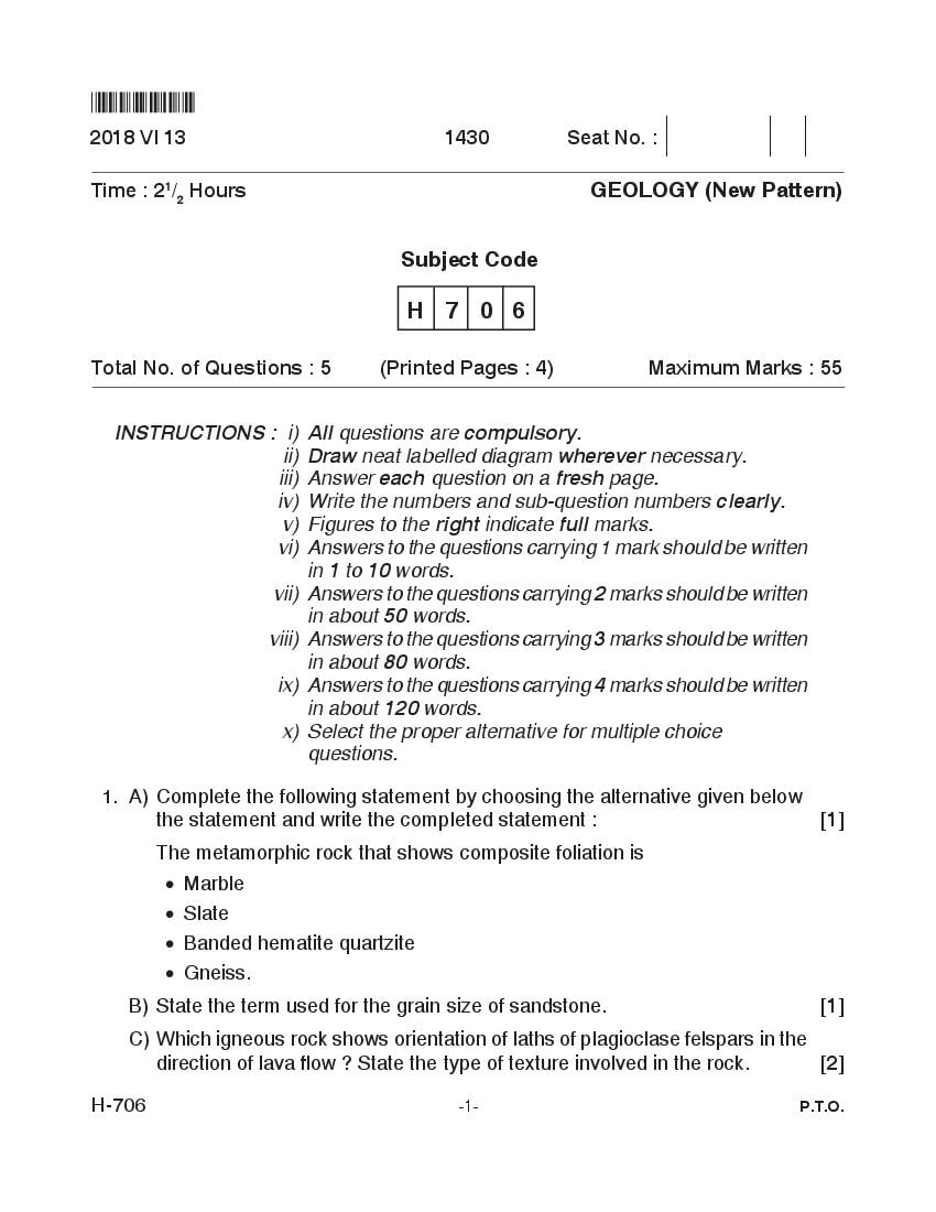 Goa Board Class 12 Question Paper June 2018 Geology _New Pattern_ - Page 1